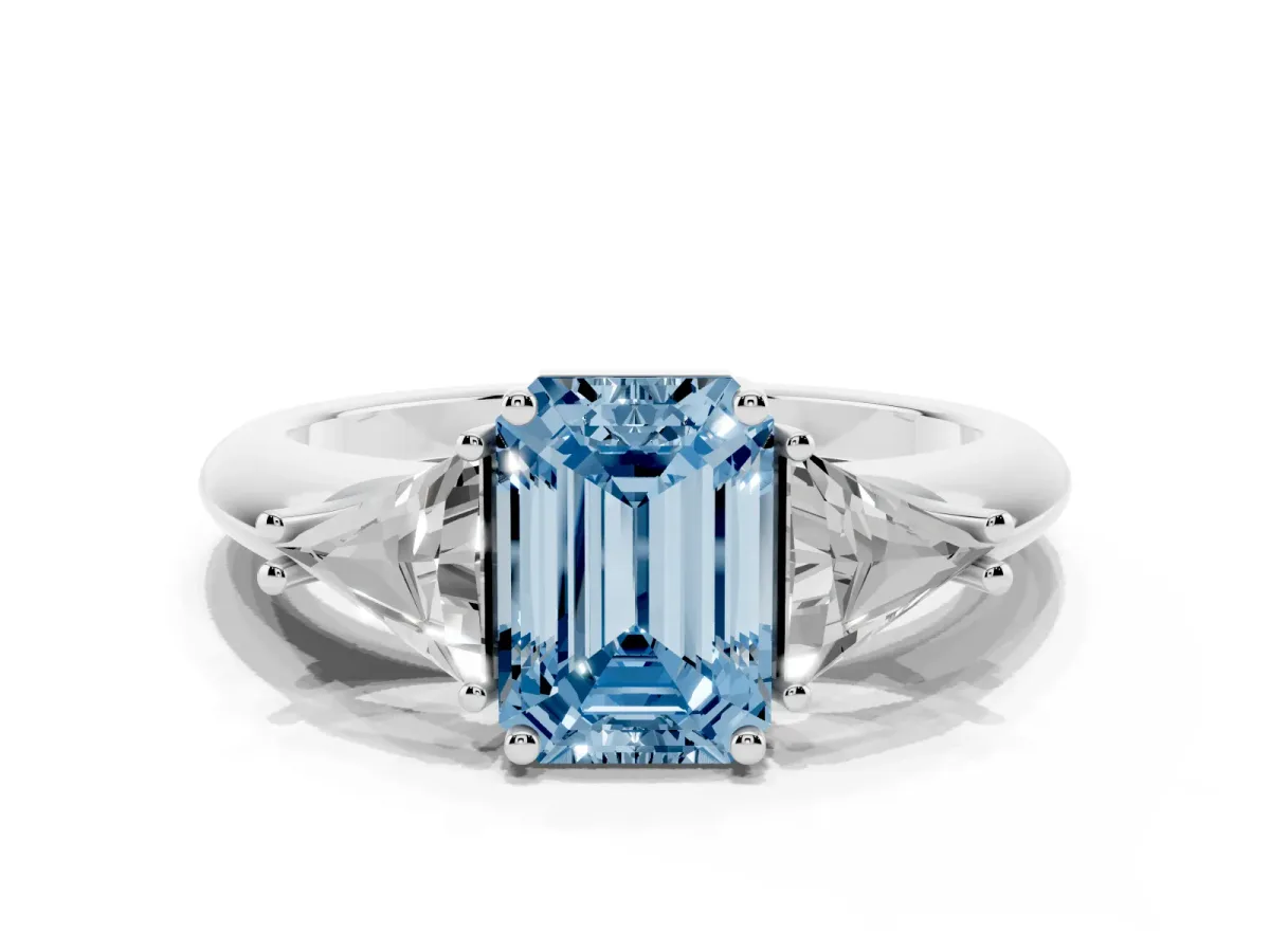 Fancy Blue Three-Stone Emerald Cut Diamond Engagement Ring with Trillion Side Stones and Prong Setting Silver