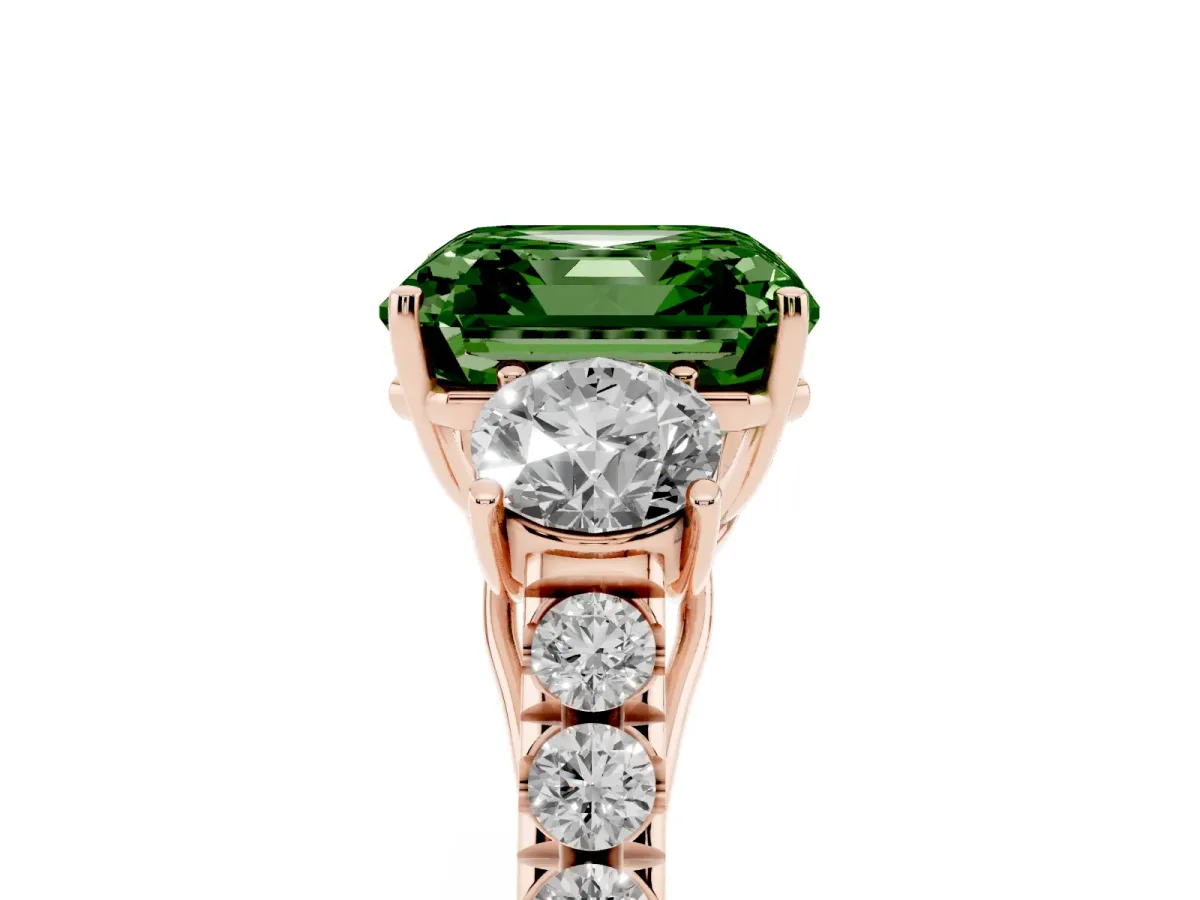 Fancy Green Asscher Cut Cut Diamond Three-Stone Ring with Round Side Stones and Pavé Band Rose gold