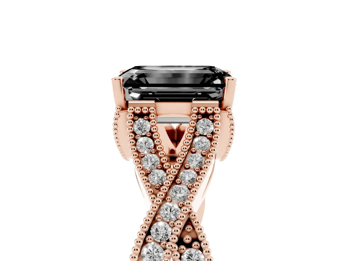 Fancy Black Emerald Cut Cut Diamond Twisted Band with Milgrain Pave Setting and Four-Prong Setting Rose gold