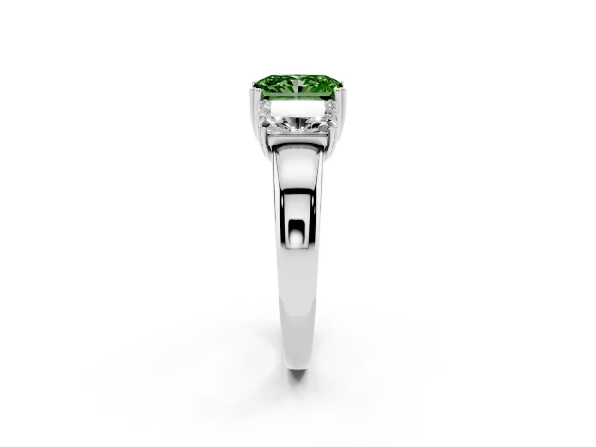 Fancy Green Three-Stone Radiant Cut Cut Diamond Ring with Channel Set Band and Four-Prong Setting White gold