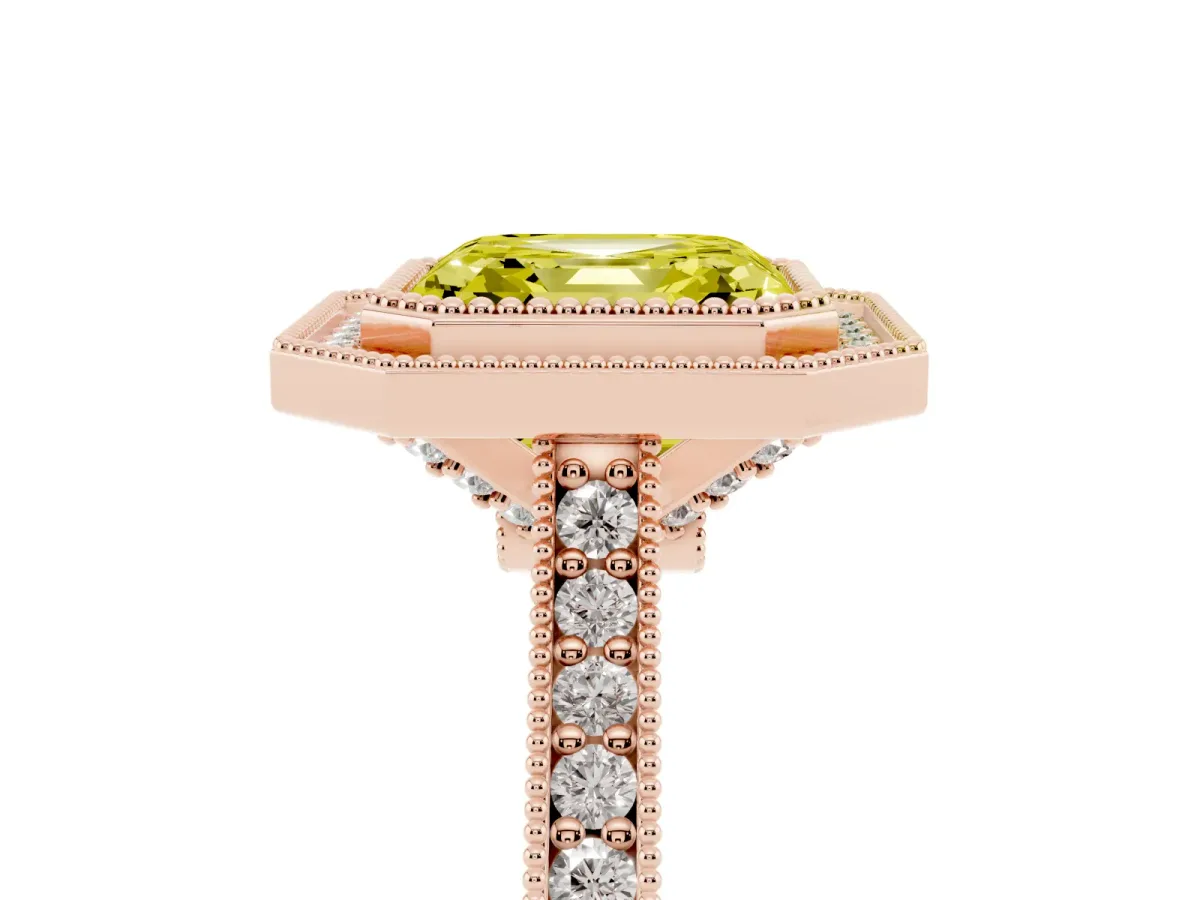 Fancy Yellow Halo Asscher Cut-Cut Diamond Pave Band Milgrain Prong Setting Ring Rose gold