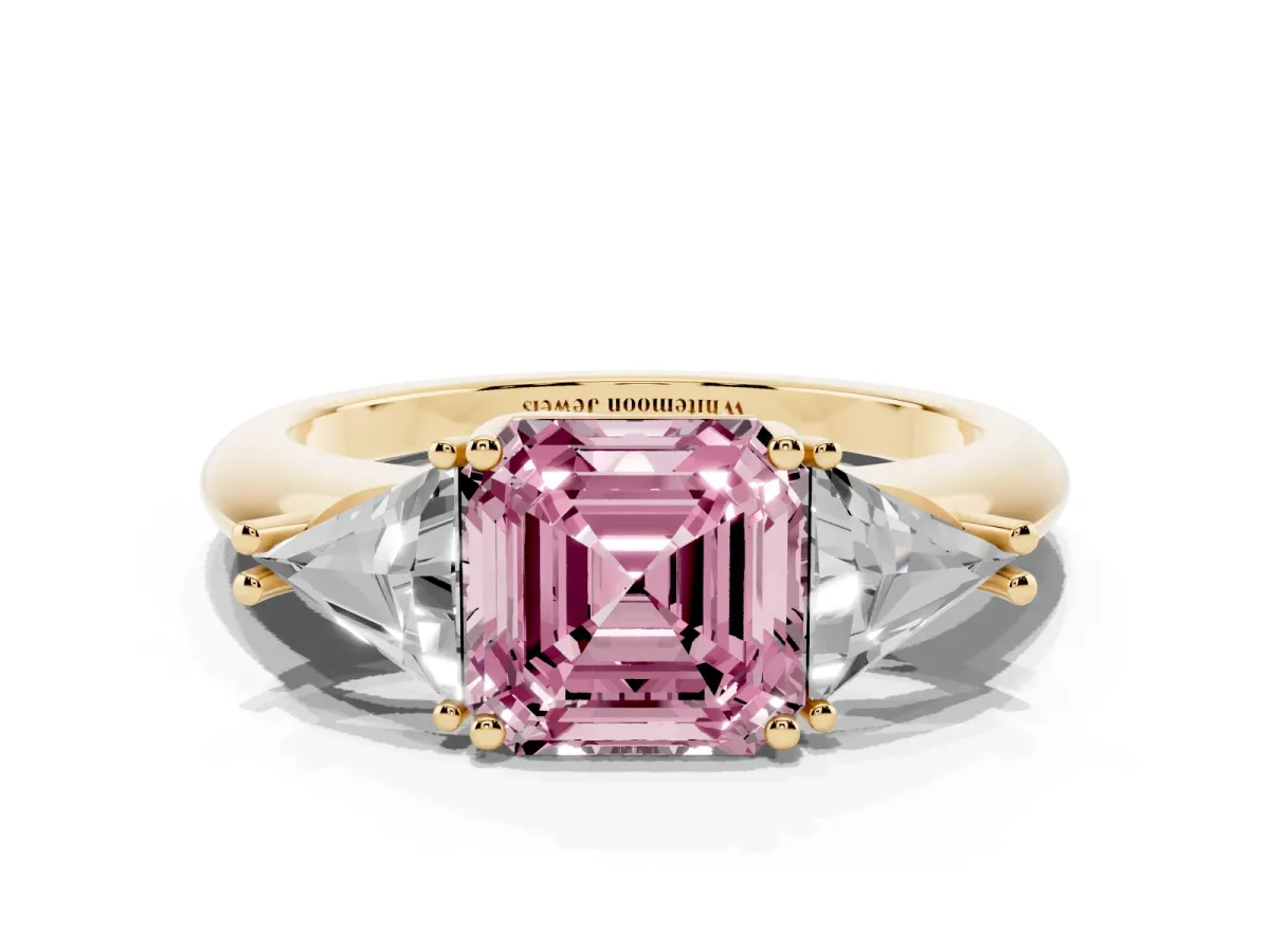 Fancy Pink Three-Stone Asscher Cut Diamond Engagement Ring with Trillion Side Stones and Prong Setting Yellow gold