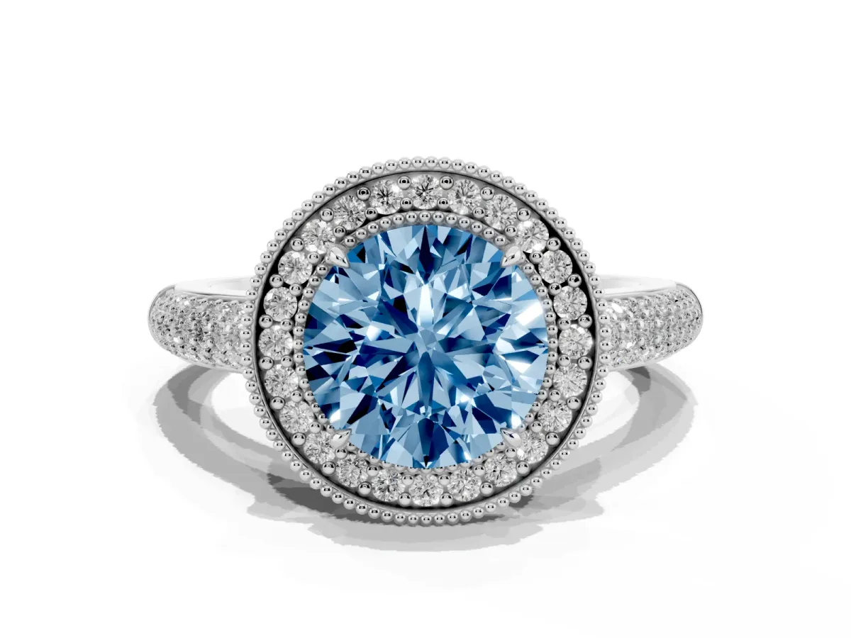 Fancy Blue Round Cut Cut Halo Diamond Pave Band with Four-Prong Setting White gold