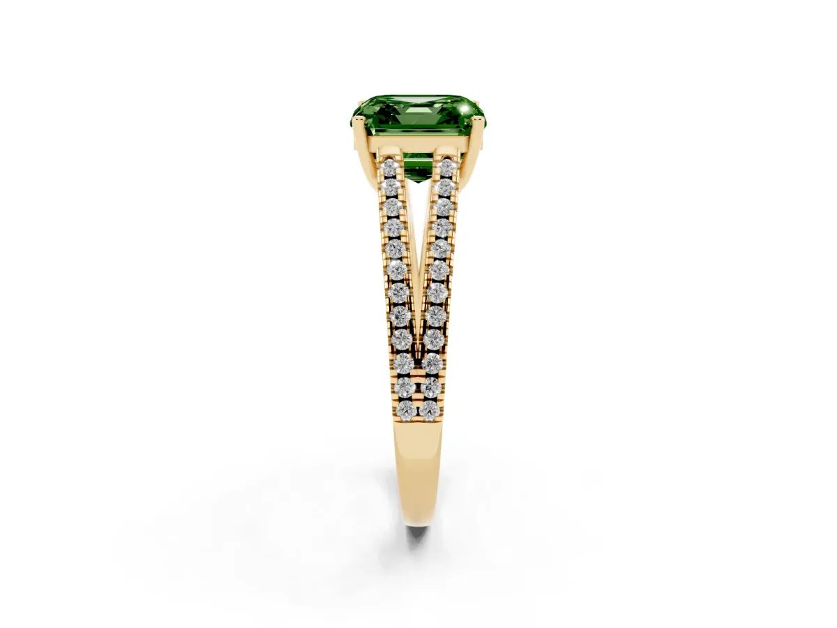Fancy Green Asscher Cut Diamond Solitaire Engagement Ring with Split Shank Pavé Band Yellow gold