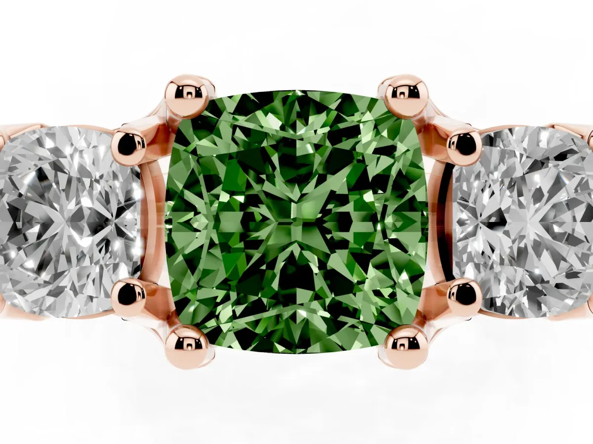 Fancy Green Cushion Cut Diamond Three-Stone Ring with Channel Set Band and Four-Prong Setting Rose gold