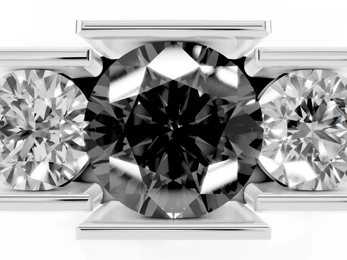 Fancy Black Three Stone Round Cut Cut Channel Set Diamond Ring Platinum