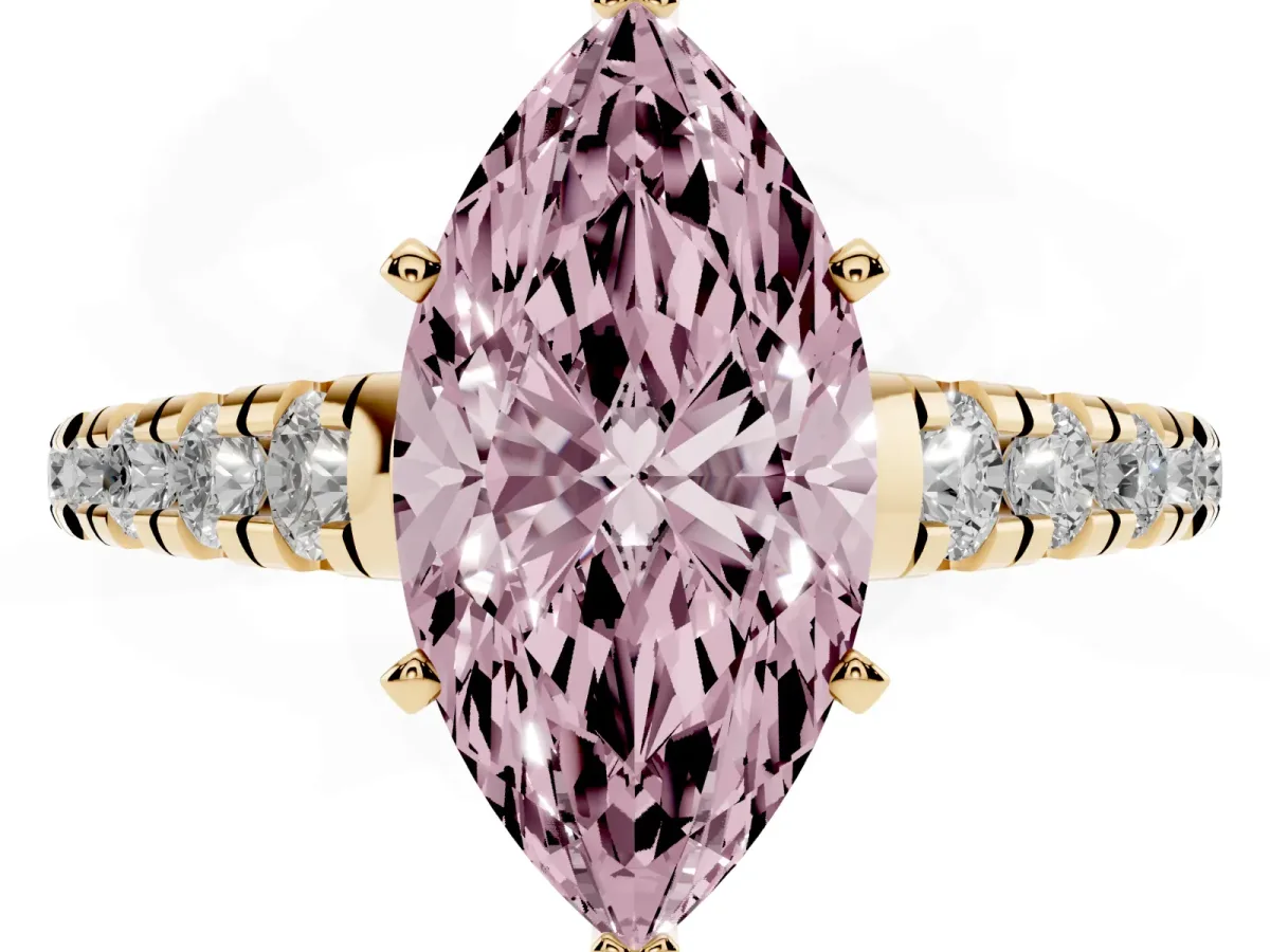 Fancy Pink Marquise Cut Diamond Cathedral Solitaire Ring with Round Pavé Band Yellow gold