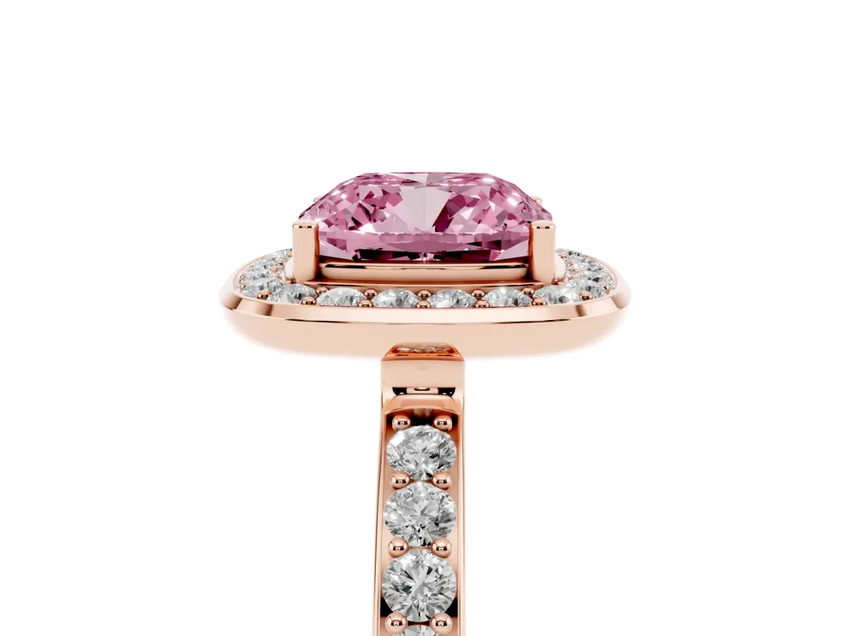 Fancy Pink Cushion Cut Diamond Halo Ring with Bezel Frame and Pavé Band Rose gold