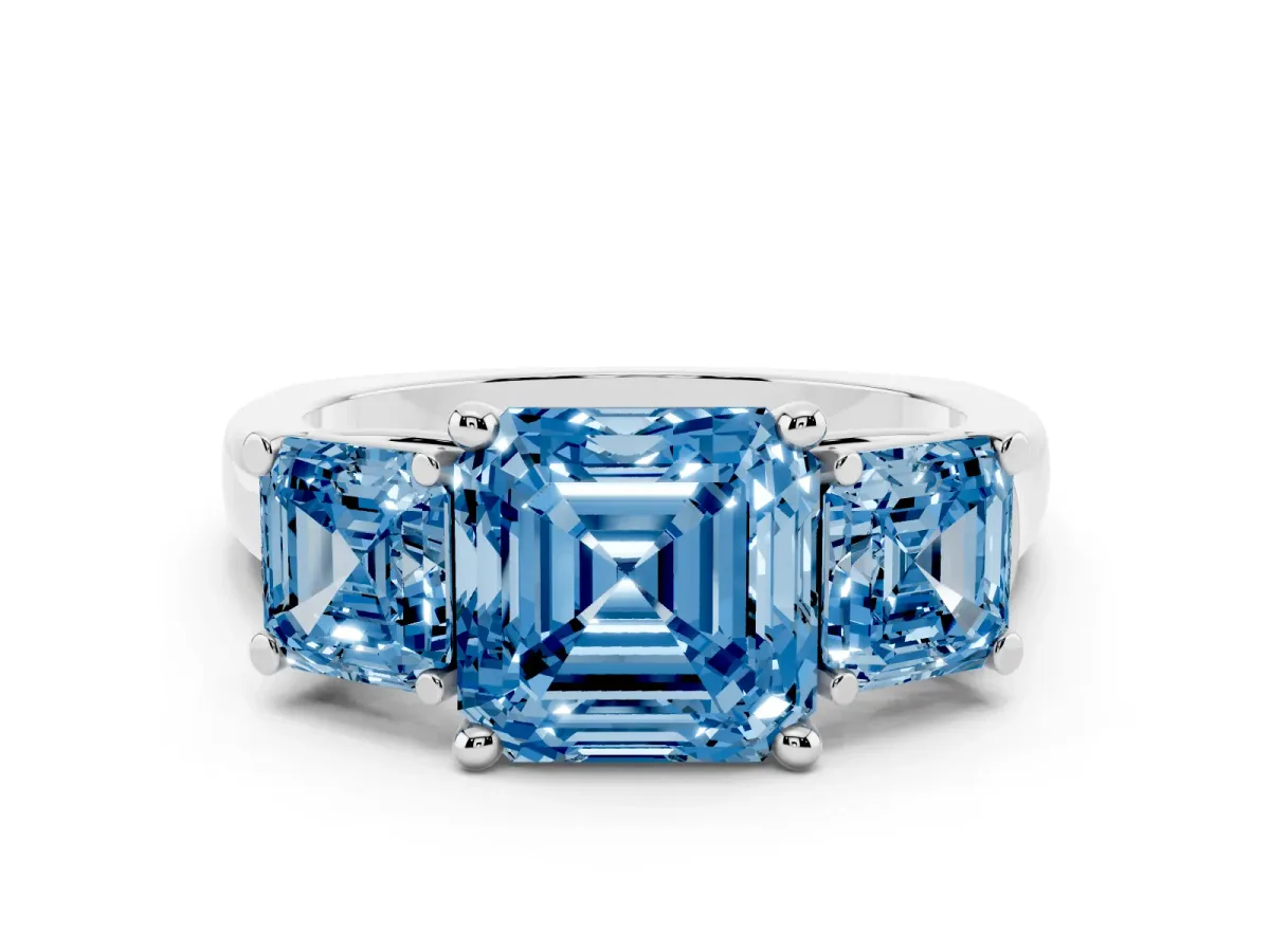 Fancy Blue Three-Stone Asscher Cut Brilliant Diamond Trellis Ring with Comfort Fit Band Silver