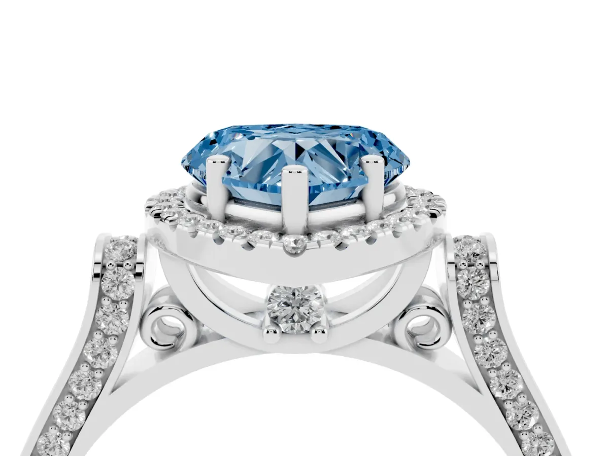 Fancy Blue Heart Cut Halo Round Diamond Twist Band with Four-Prong Setting Silver