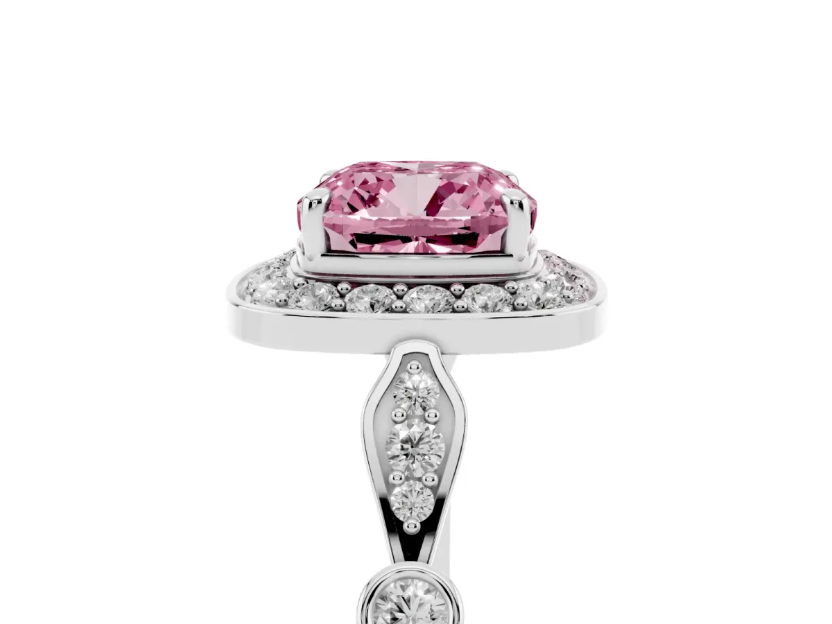 Fancy Pink Cushion Cut Halo Diamond Engagement Ring with Twisted Band and Four-Prong Setting Platinum
