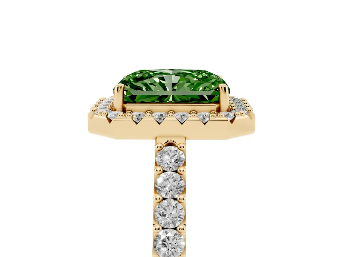 Fancy Green Radiant Cut Halo Diamond Pavé Solitaire Ring Yellow gold