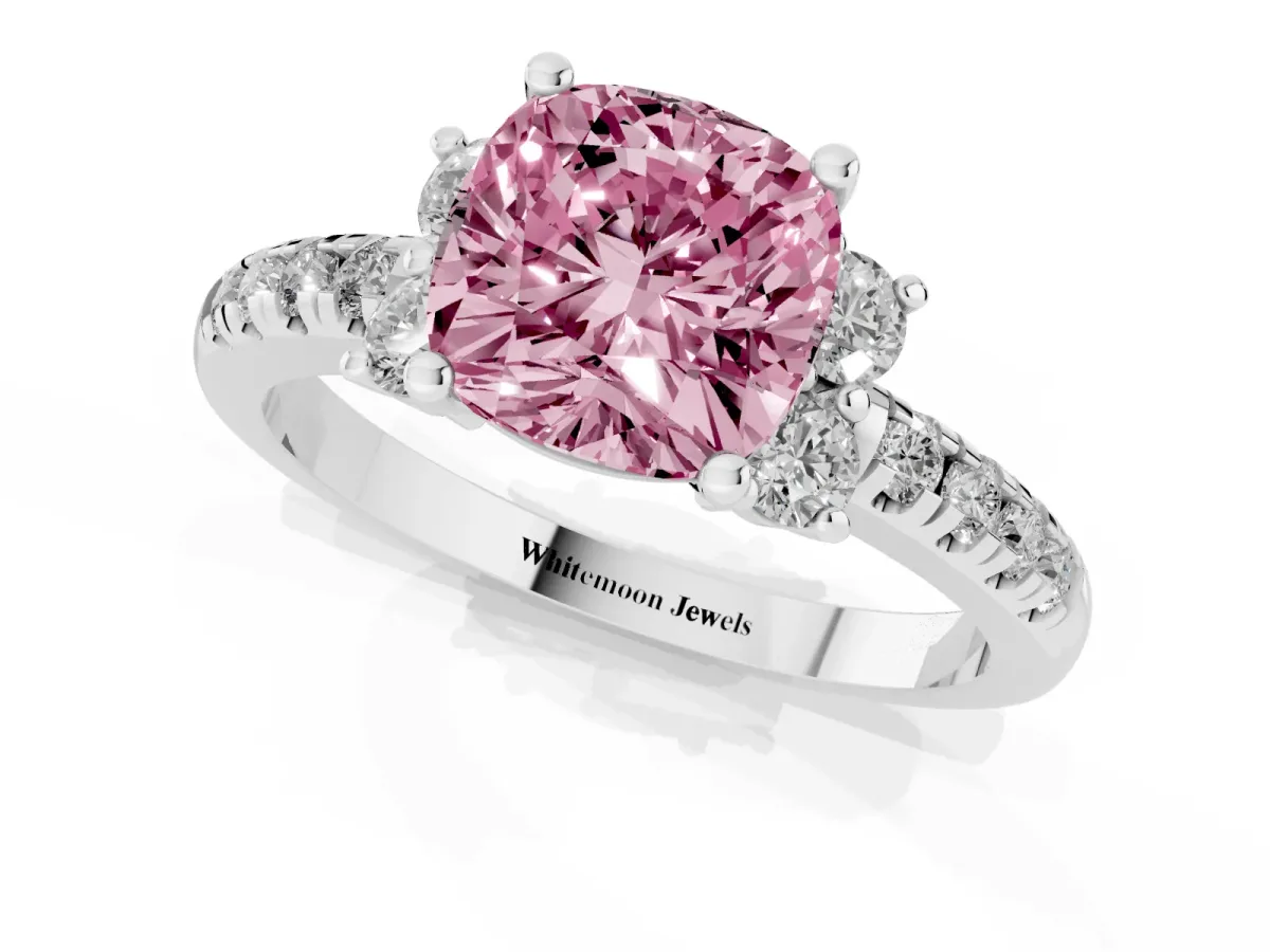Fancy Pink Cushion Cut Diamond Three-Stone Pave Band with Four-Prong Setting Silver