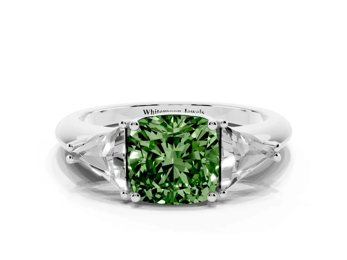 Fancy Green Three-Stone Cushion Cut Diamond Engagement Ring with Trillion Side Stones and Prong Setting Silver