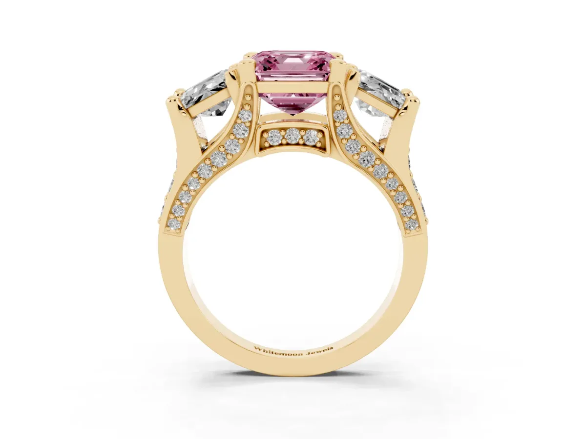 Fancy Pink Asscher Cut Diamond Three-Stone Ring with Channel Set Band and Four-Prong Setting Yellow gold