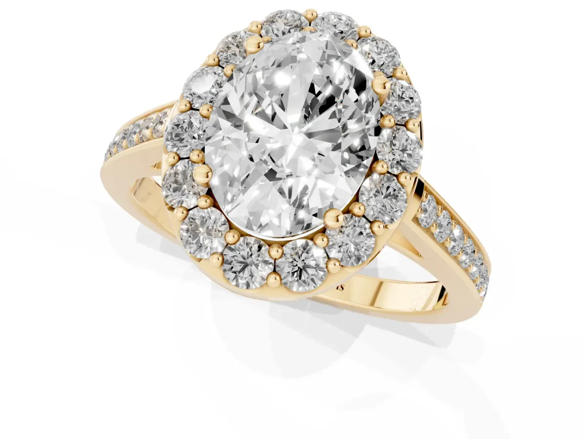 Oval Cut Diamond Floral Halo Ring with Pavé Band and Prong Setting Yellow gold