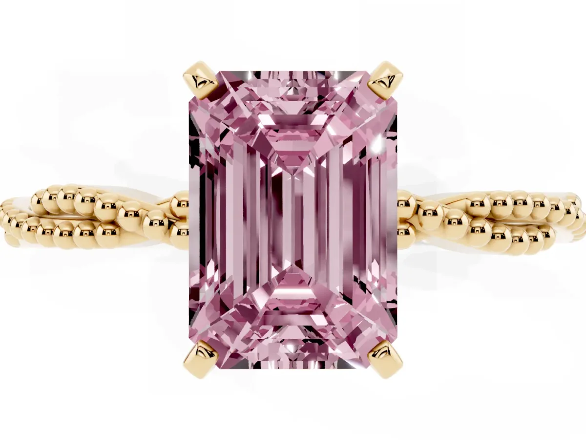 Fancy Pink Emerald Cut Solitaire Twisted Band with Bead Prong Setting Yellow gold
