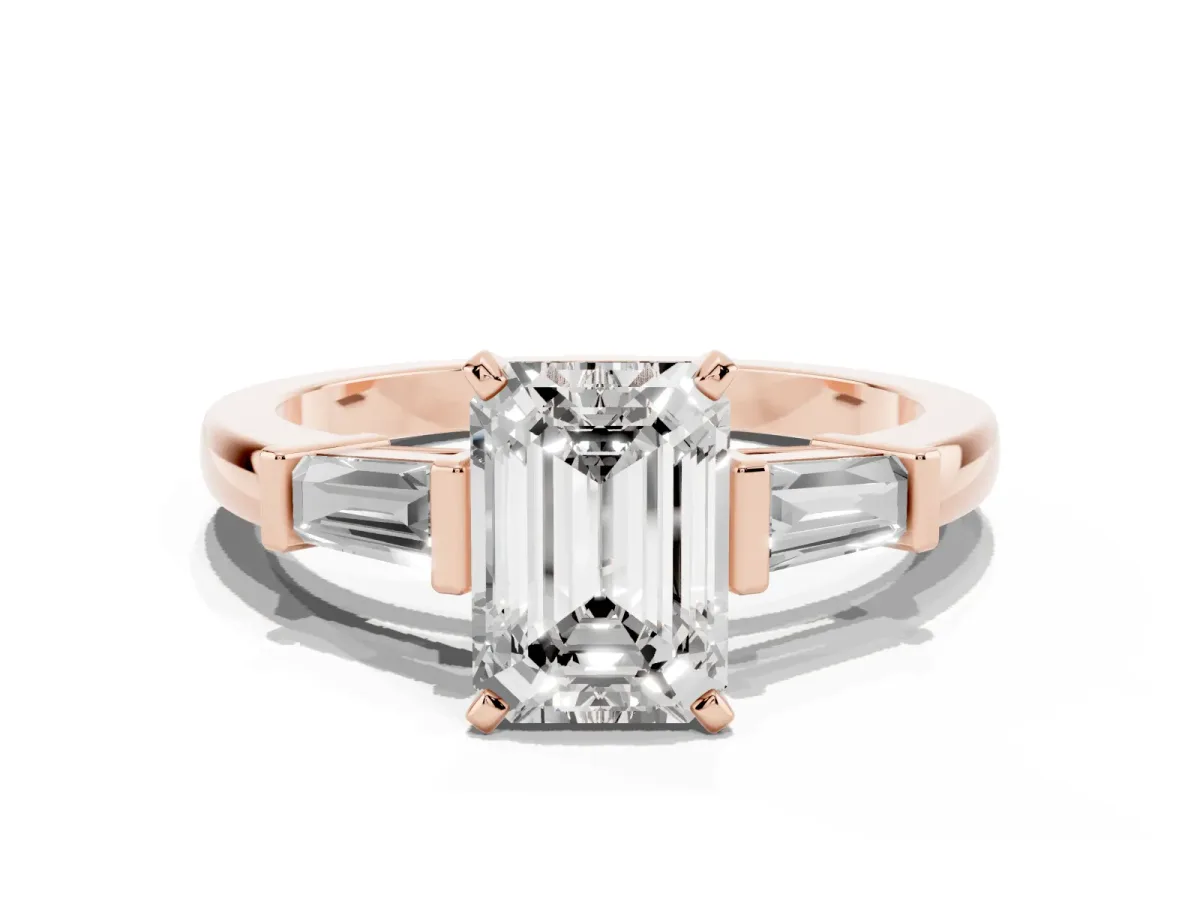 Emerald Cut Cut Diamond Solitaire Ring with Tapered Baguette Accents and Four-Prong Setting Rose gold
