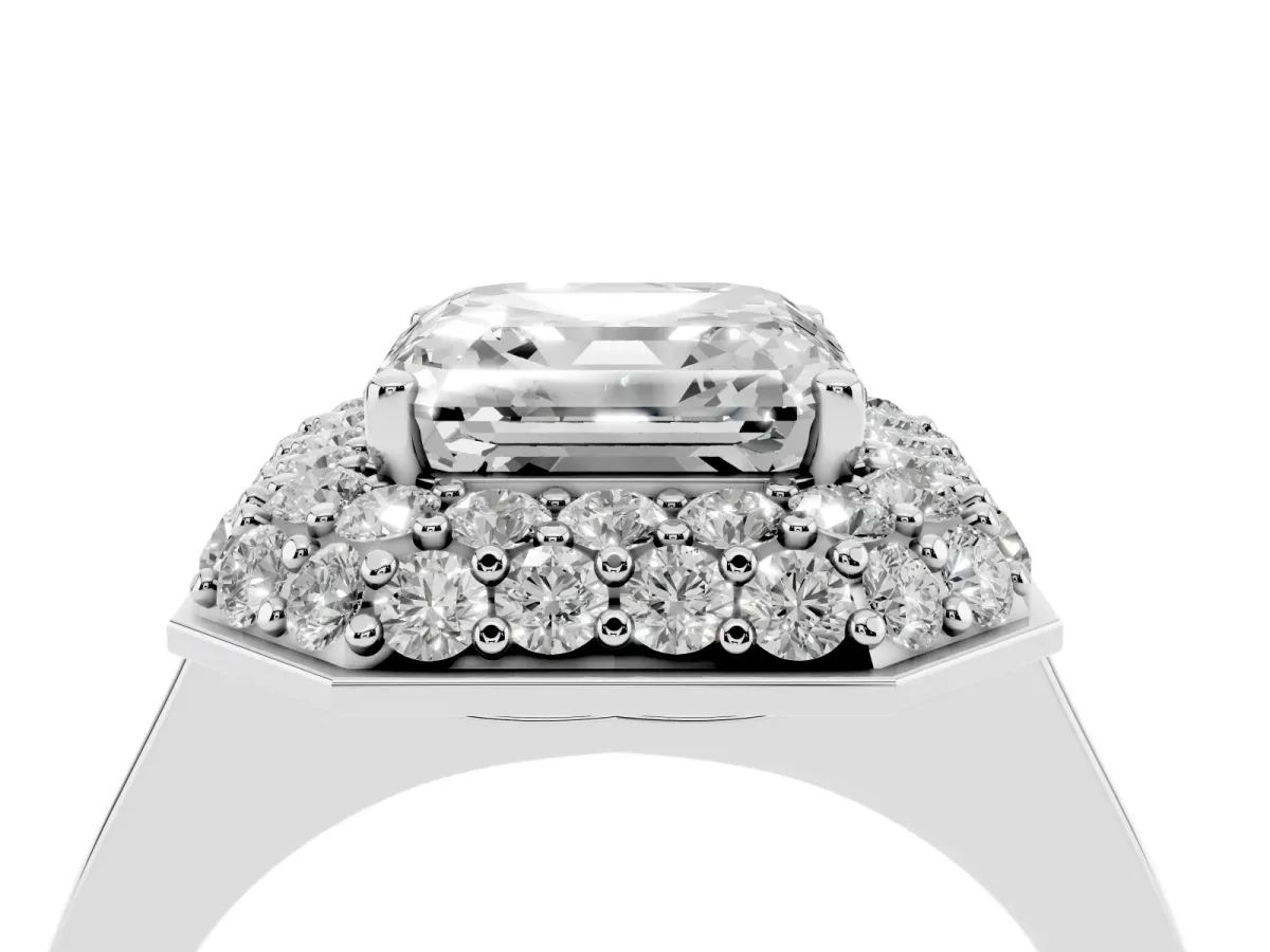 Asscher Cut Halo Diamond Engagement Ring with Solitaire Band and Four-Prong Setting Silver