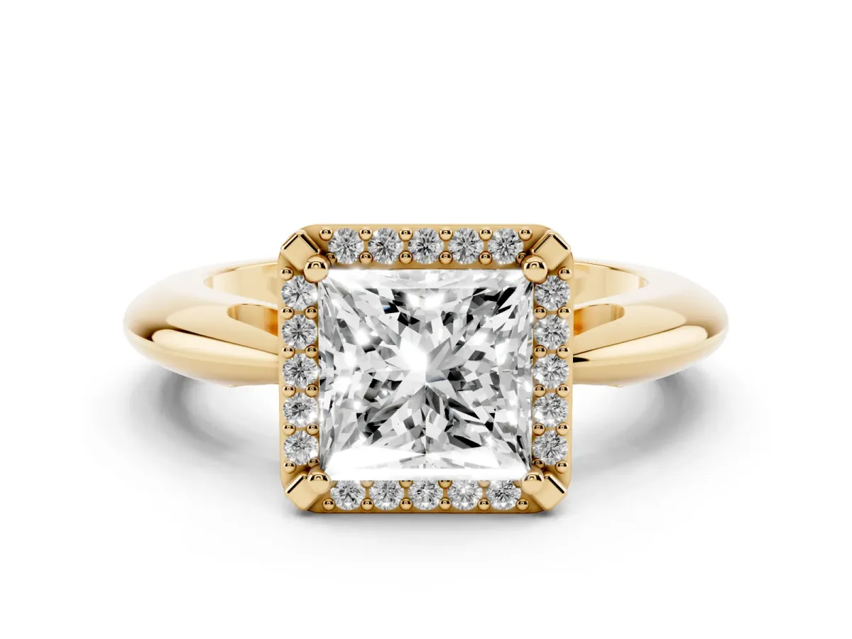 Princess Cut Cut Diamond Halo Engagement Ring with Split Shank and Four-Prong Setting Yellow gold