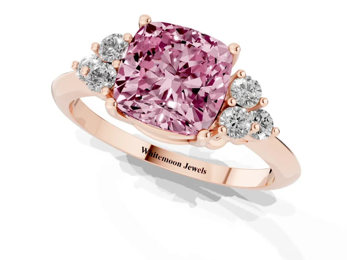 Fancy Pink Cushion Cut Cut Diamond Cluster Ring with Solitaire Band and Four-Prong Setting Rose gold