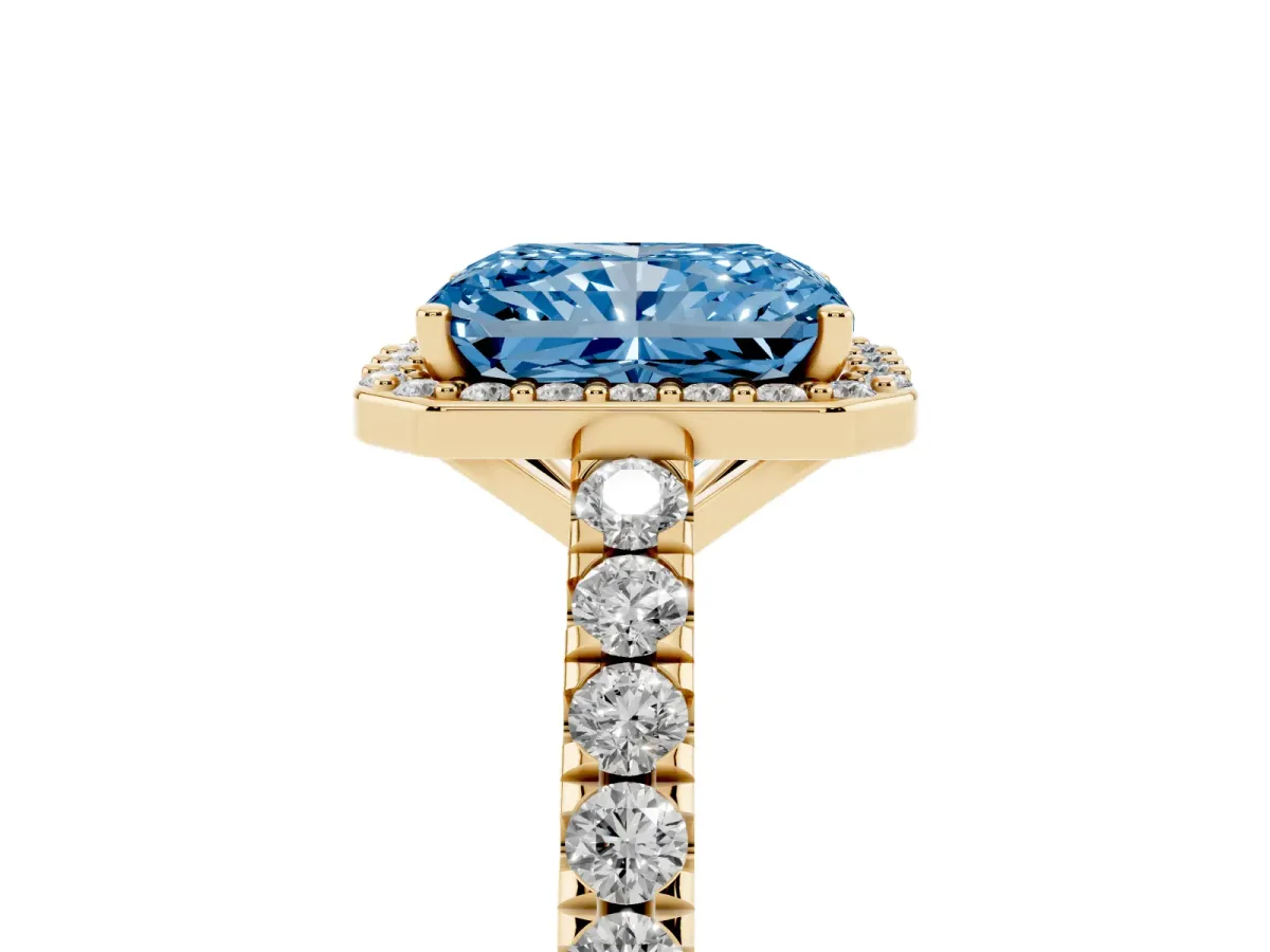 Fancy Blue Radiant Cut Cut Halo Diamond Engagement Ring with Pave Band and Four-Prong Setting Yellow gold