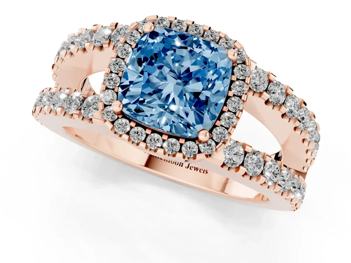 Fancy Blue Cushion Cut Cut Halo Split Shank Diamond Ring with Four-Prong Setting Rose gold