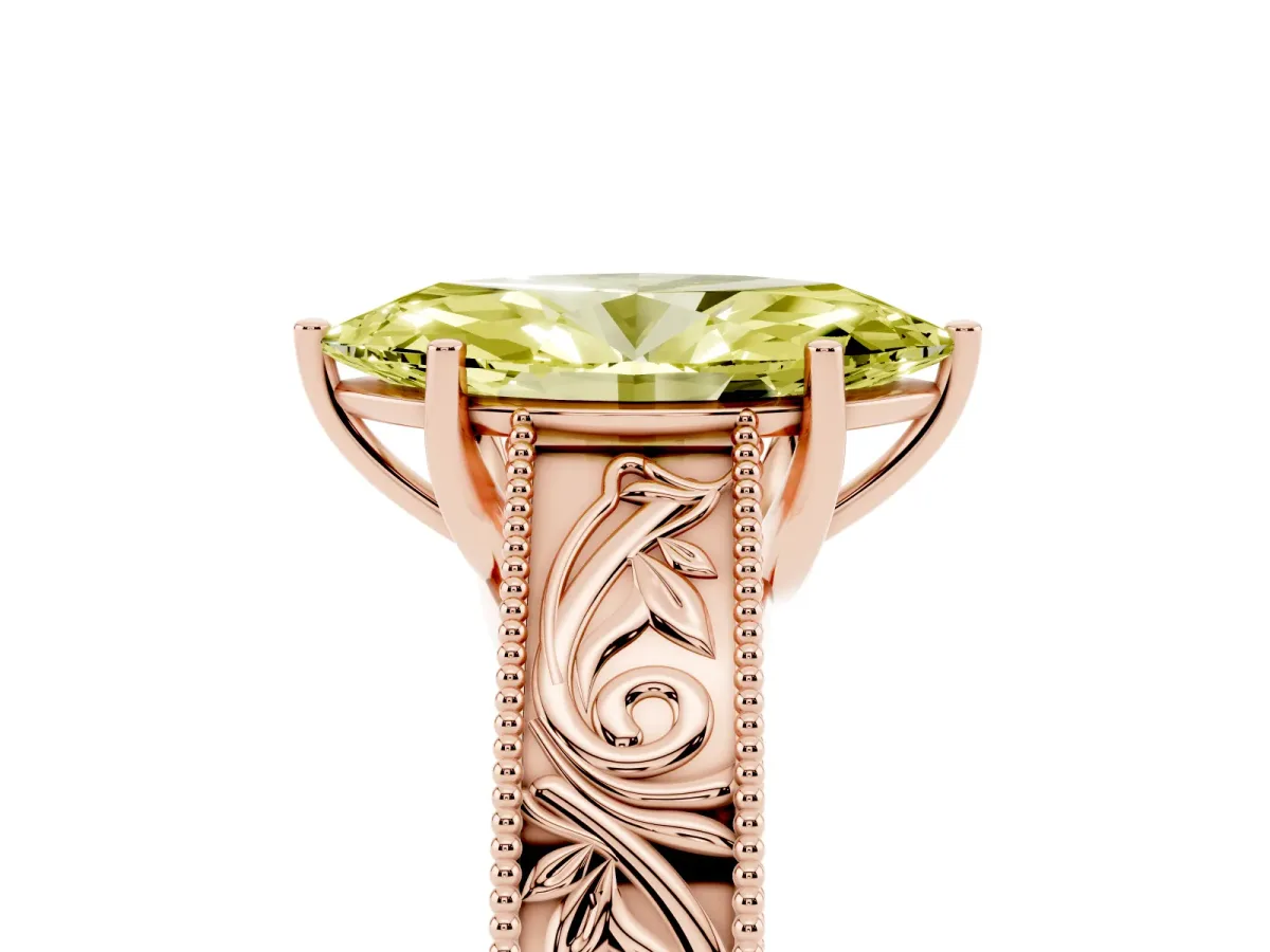 Fancy Yellow Marquise Cut Diamond Solitaire Ring with Engraved Band and Four-Prong Setting Rose gold