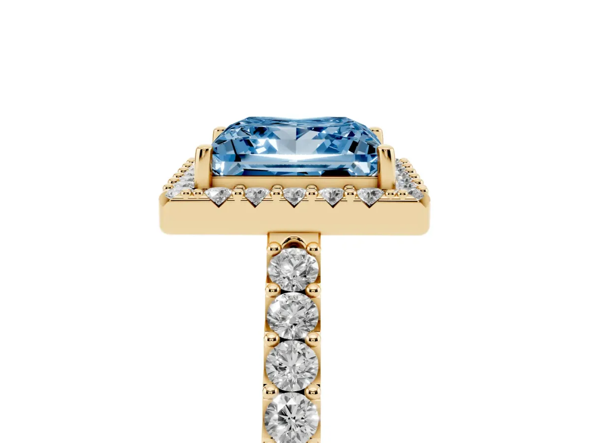 Fancy Blue Princess Cut Halo Diamond Pavé Solitaire Ring Yellow gold