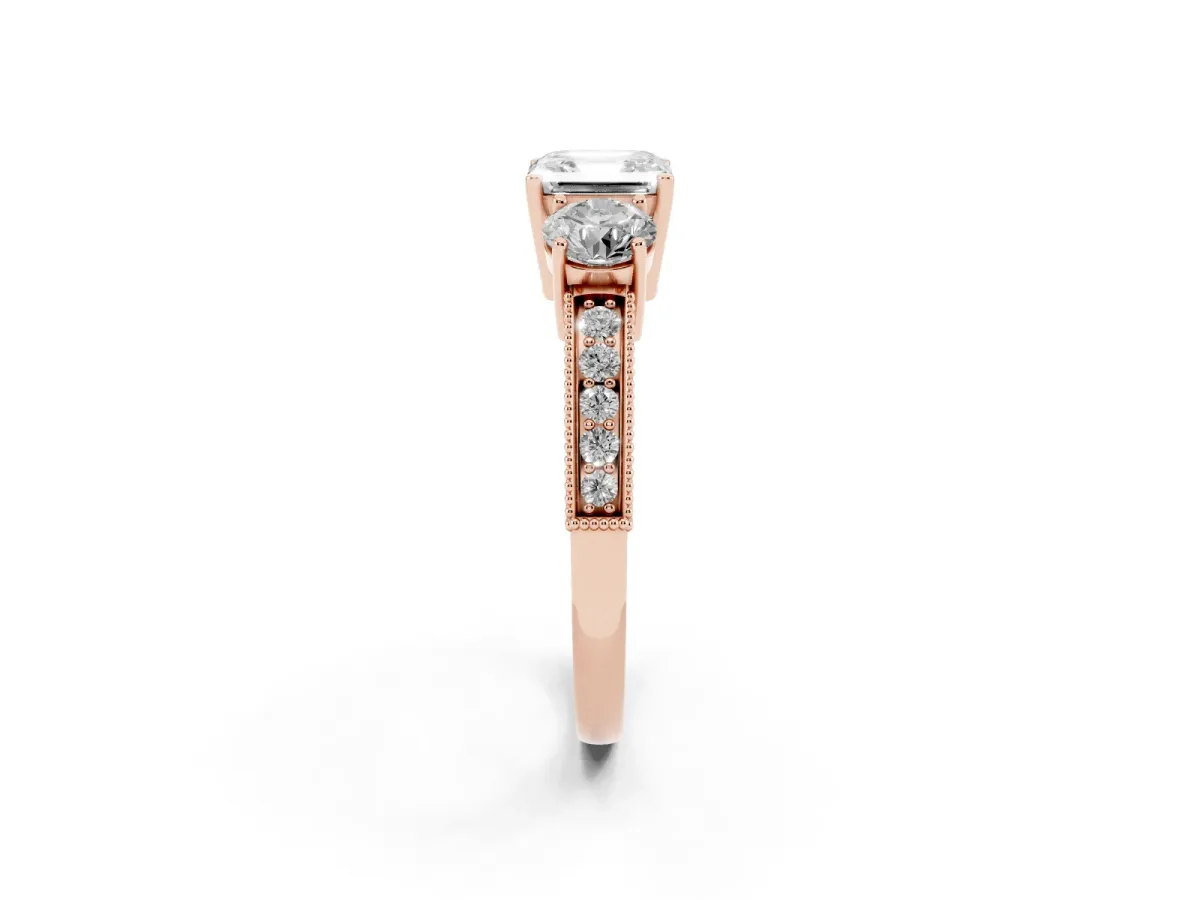 Asscher Cut Three-Stone Diamond Ring with Pavé Band and Four-Prong Setting Rose gold