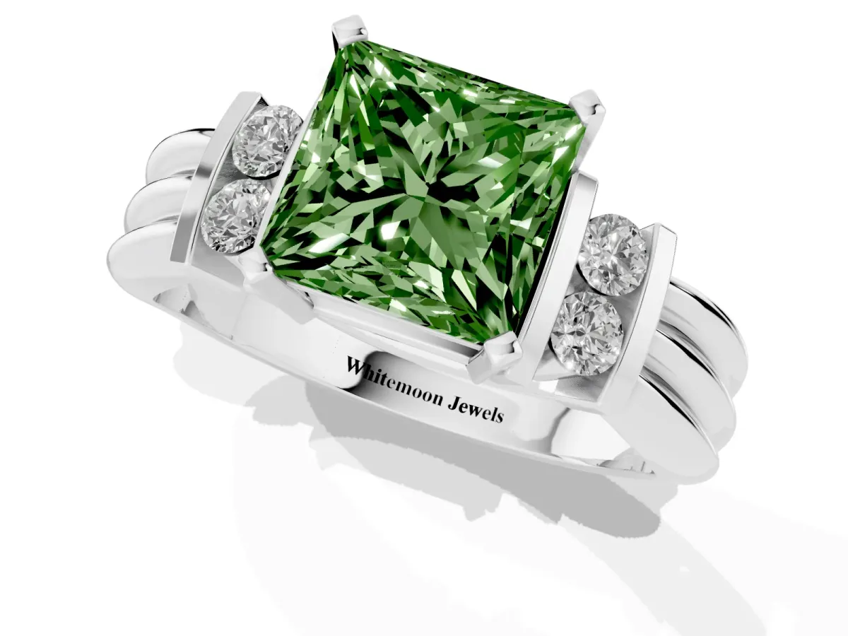 Fancy Green Princess Cut Cut Three-Stone Channel Set Ring with Bar Prongs Silver