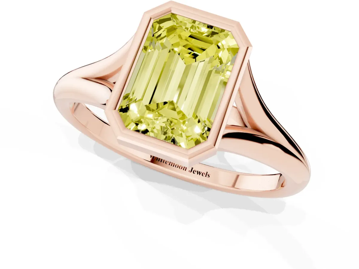 Fancy Yellow Bezel Set Emerald Cut Cut Solitaire Ring with Tapered Band Rose gold