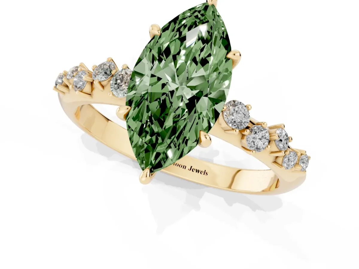 Fancy Green Marquise Cut Diamond Cluster Side Stone Solitaire Ring with Prong Setting Yellow gold