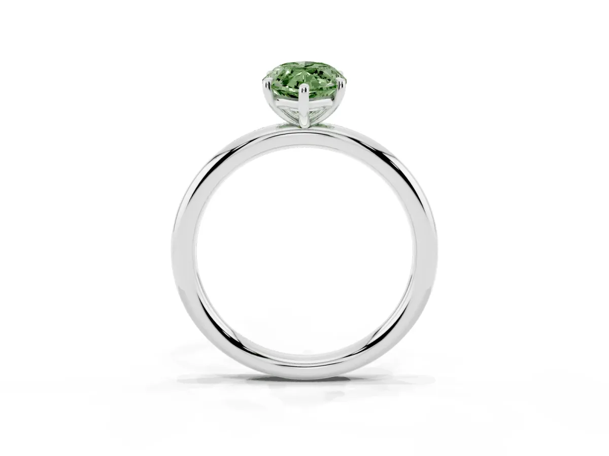 Fancy Green Oval Cut Solitaire Diamond Ring with Four-Prong Setting on a Plain Band Silver