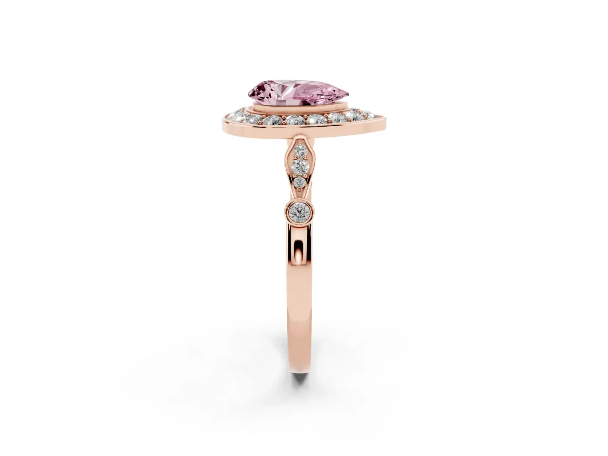 Fancy Pink Pear Cut Halo Diamond Engagement Ring with Twisted Band and Four-Prong Setting Rose gold