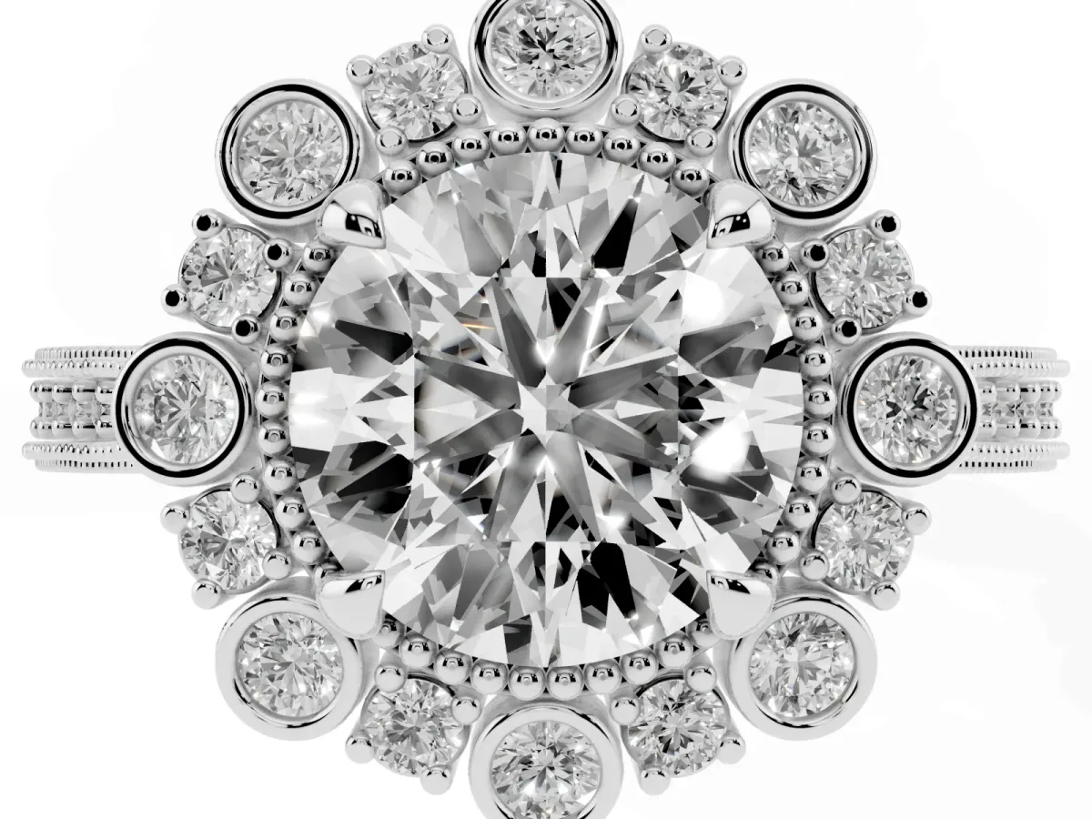 Round Cut Halo Milgrain Pave Diamond Ring with Four-Prong Setting Platinum