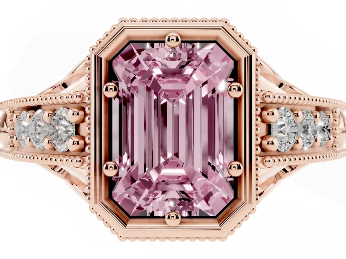 Fancy Pink Bezel Set Emerald Cut Diamond Milgrain Pave Engagement Ring Rose gold