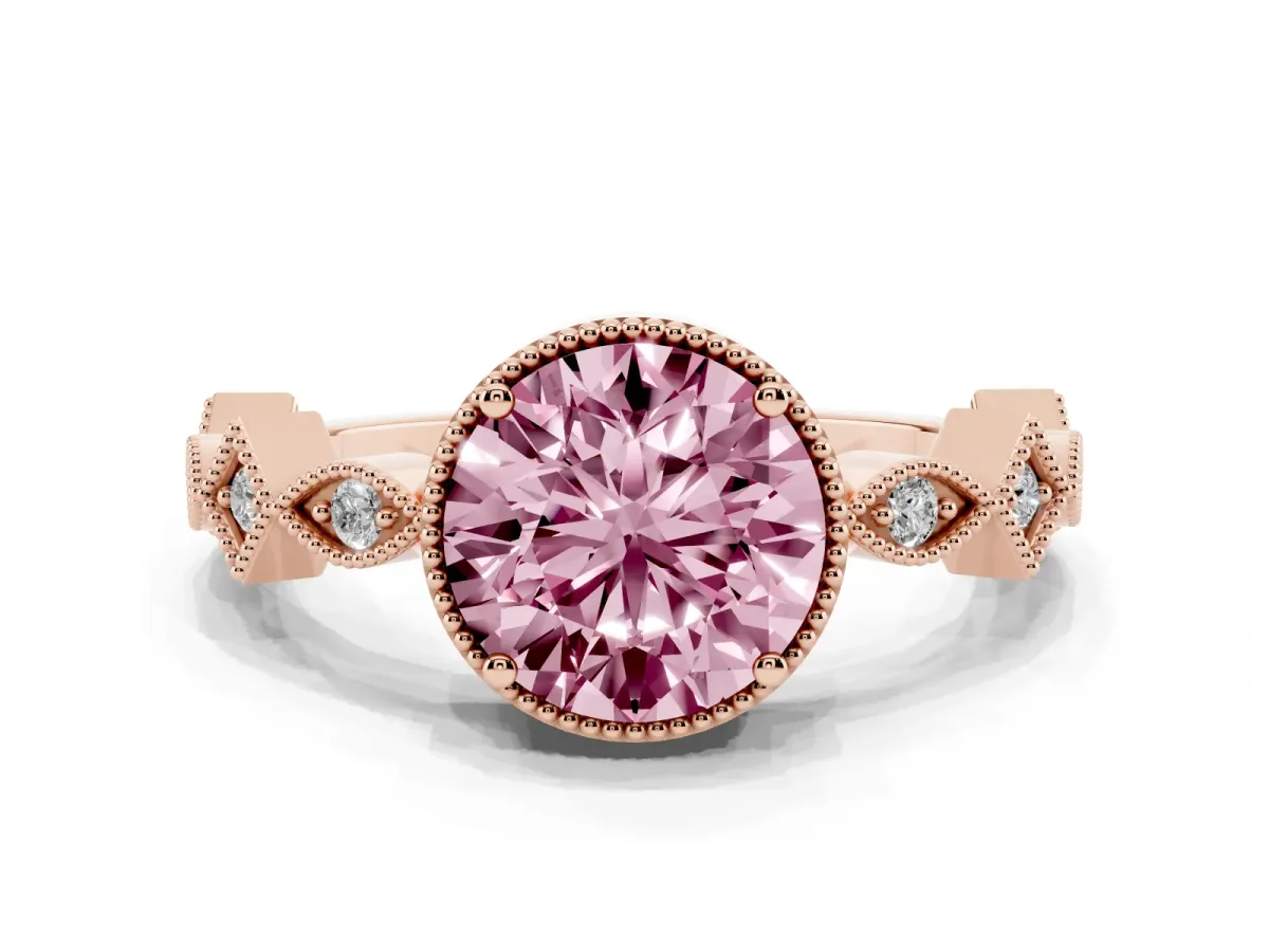 Fancy Pink Round Cut Milgrain Marquise Diamond Twist Band Ring Rose gold