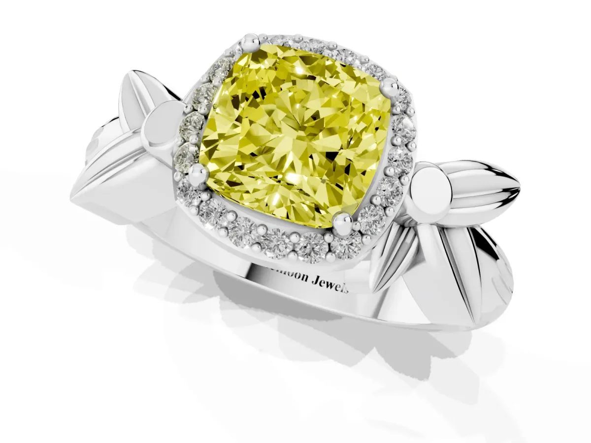 Fancy Yellow Cushion Cut Halo Diamond Floral Band with Four-Prong Setting Platinum