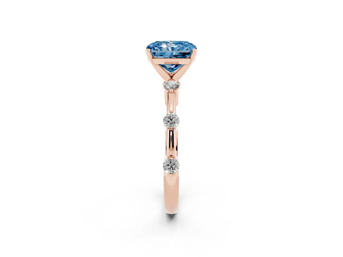 Fancy Blue Radiant Cut Solitaire Diamond Ring with Bezel Set Side Stones and Prong Setting Rose gold