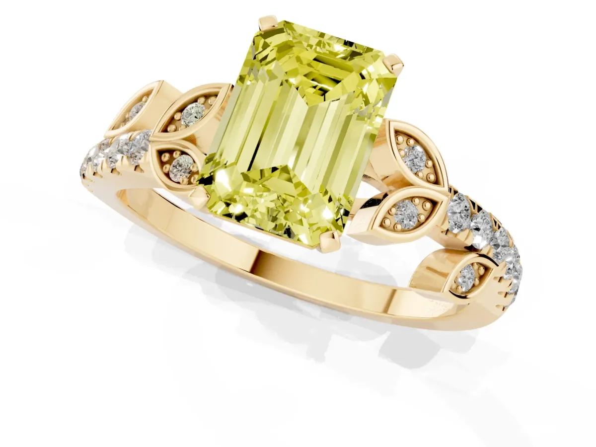 Fancy Yellow Emerald Cut Solitaire Leaf-Inspired Diamond Ring with Pavé Band and Four-Prong Setting Yellow gold