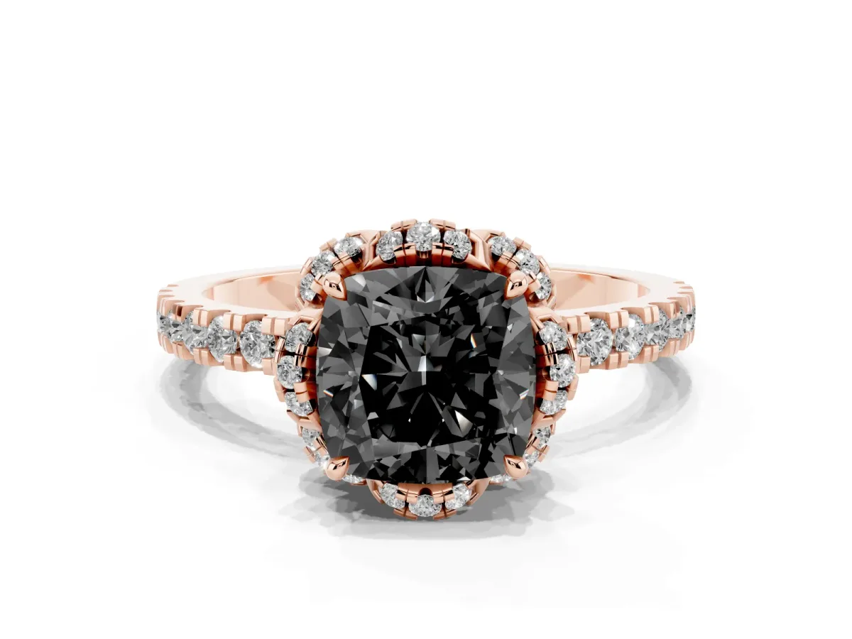 Fancy Black Cushion Cut Diamond Halo Pave Band with Four-Prong Setting Rose gold