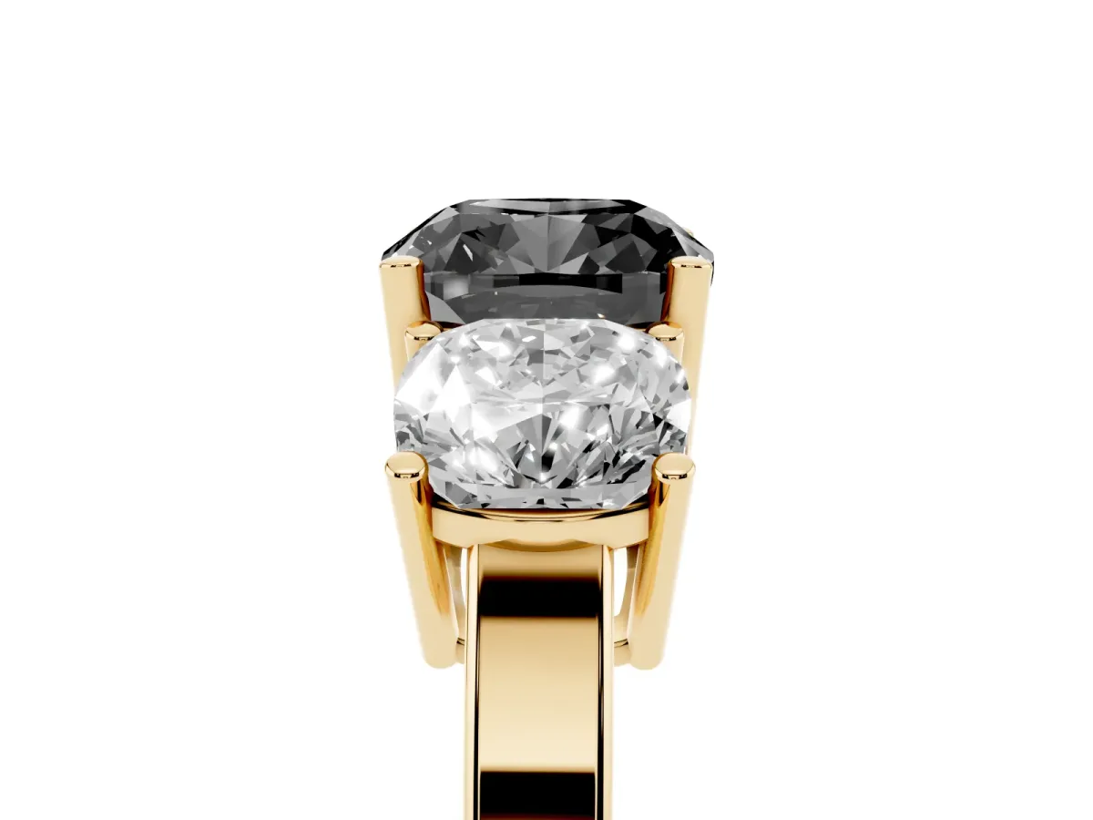 Fancy Black Three-Stone Cushion Cut Cut Diamond Engagement Ring with Flat Band and Four-Prong Setting Yellow gold