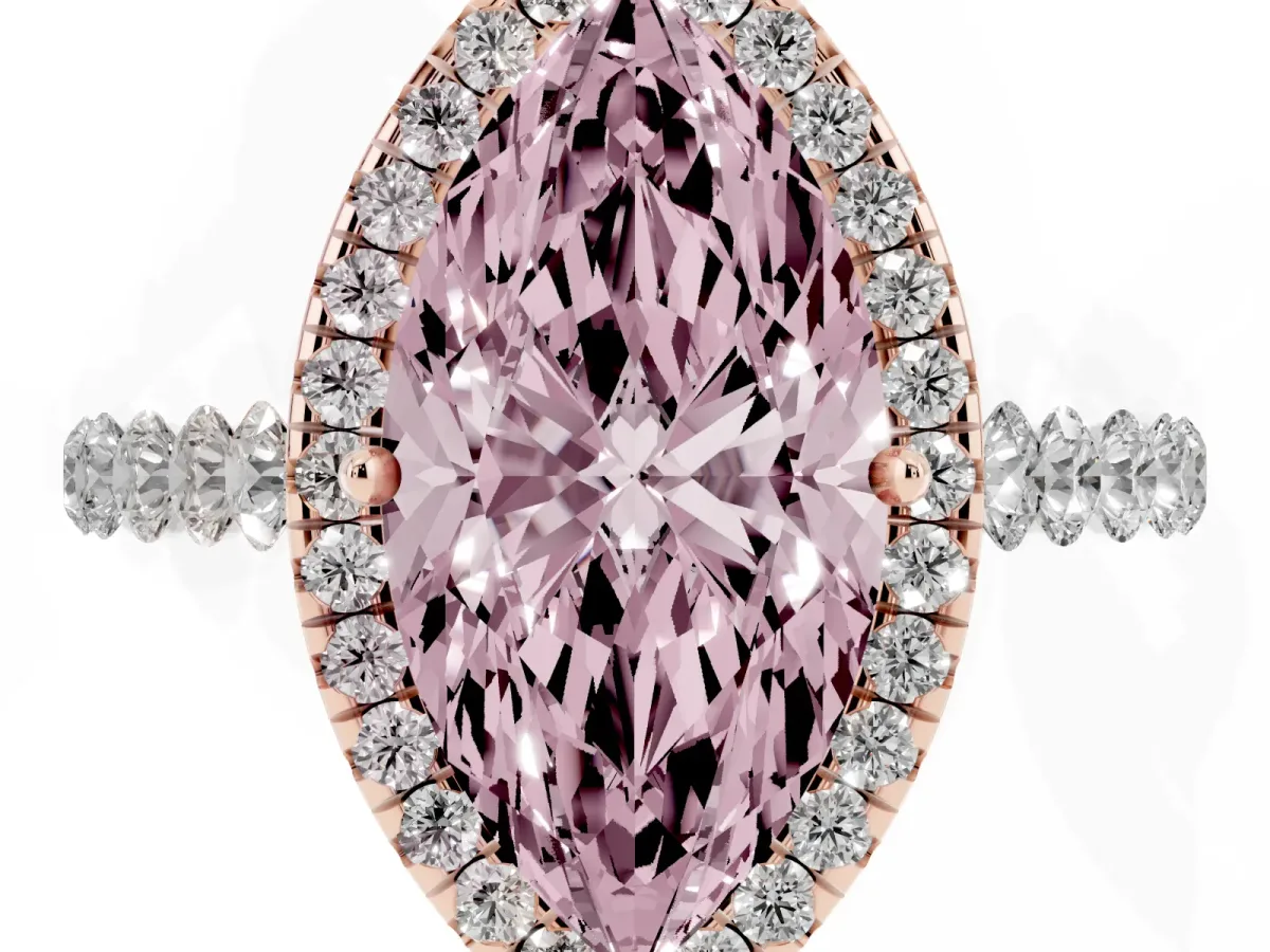 Fancy Pink Marquise Cut Halo Pavé Diamond Engagement Ring with Four-Prong Setting Rose gold