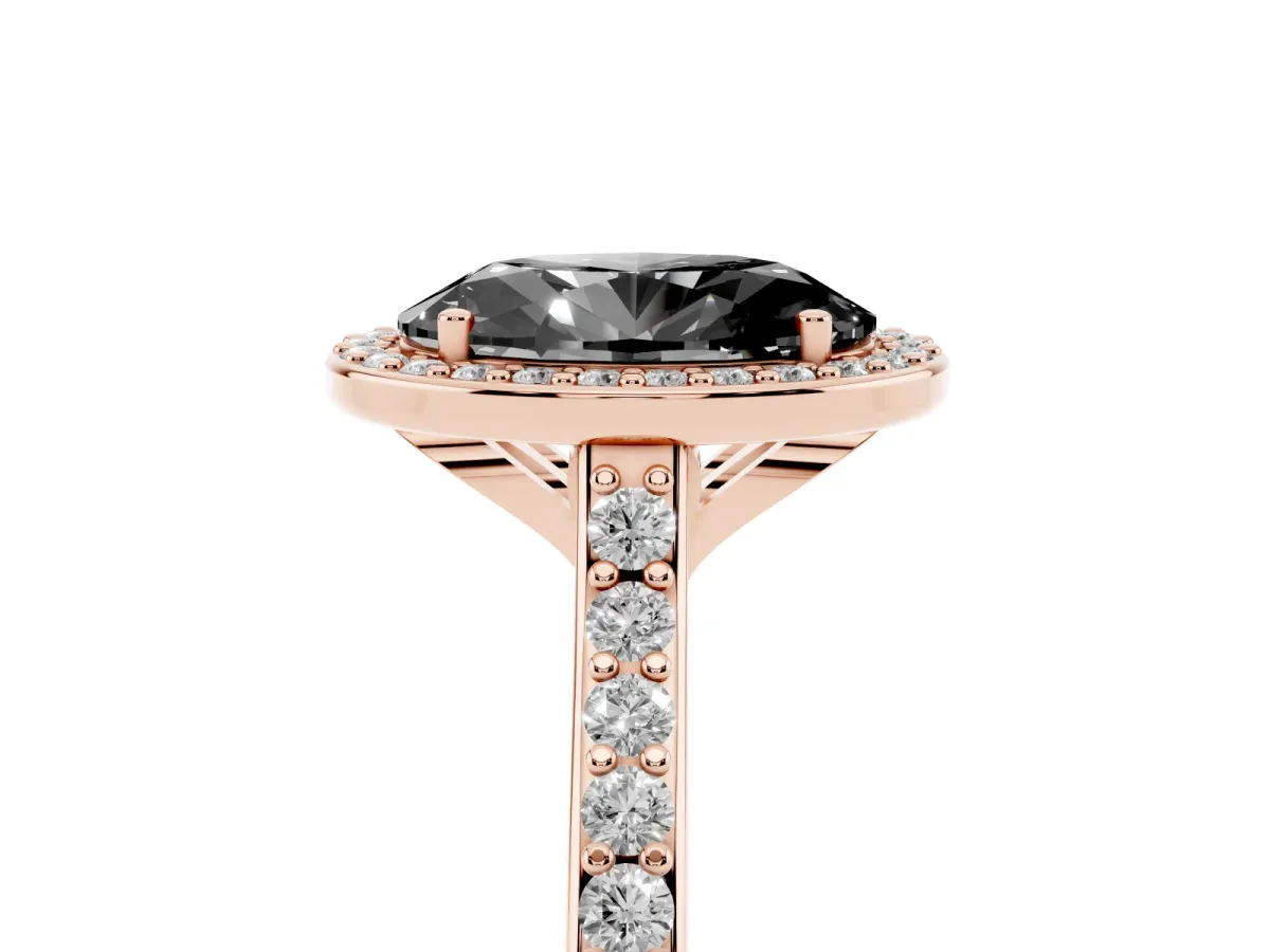 Fancy Black Oval Cut Diamond Halo Engagement Ring with Round Pavé Shoulders and Prong Setting Rose gold