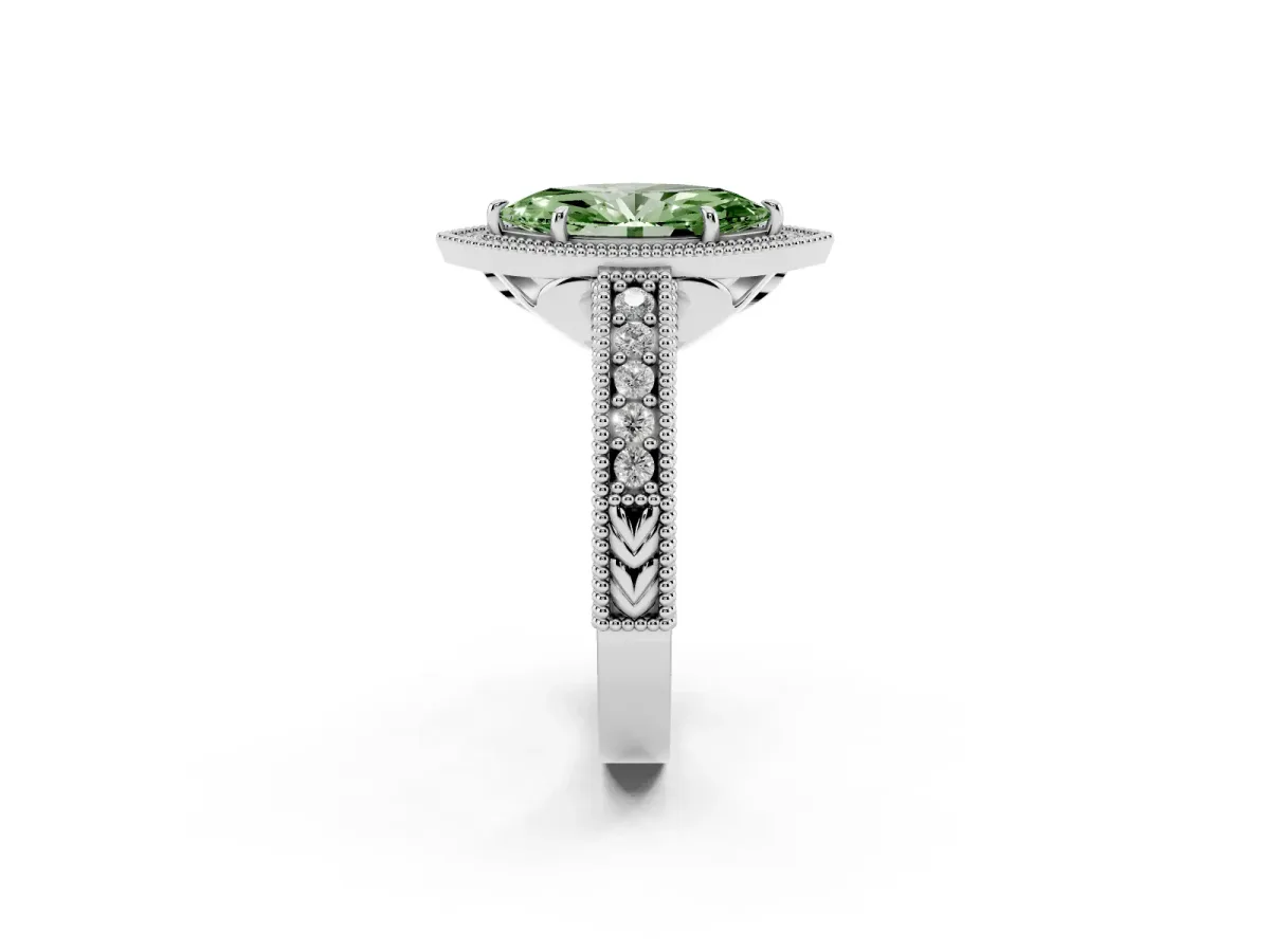 Fancy Green Marquise Cut Cut Halo Diamond Ring with Pavé Band and Four-Prong Setting Platinum