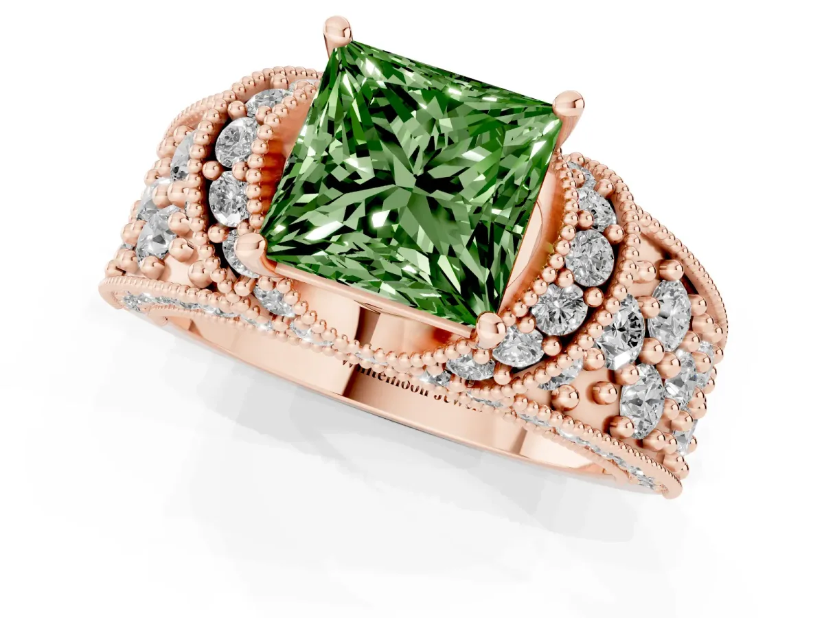 Fancy Green Princess Cut Halo Pave Diamond Engagement Ring with Milgrain Detailing Rose gold