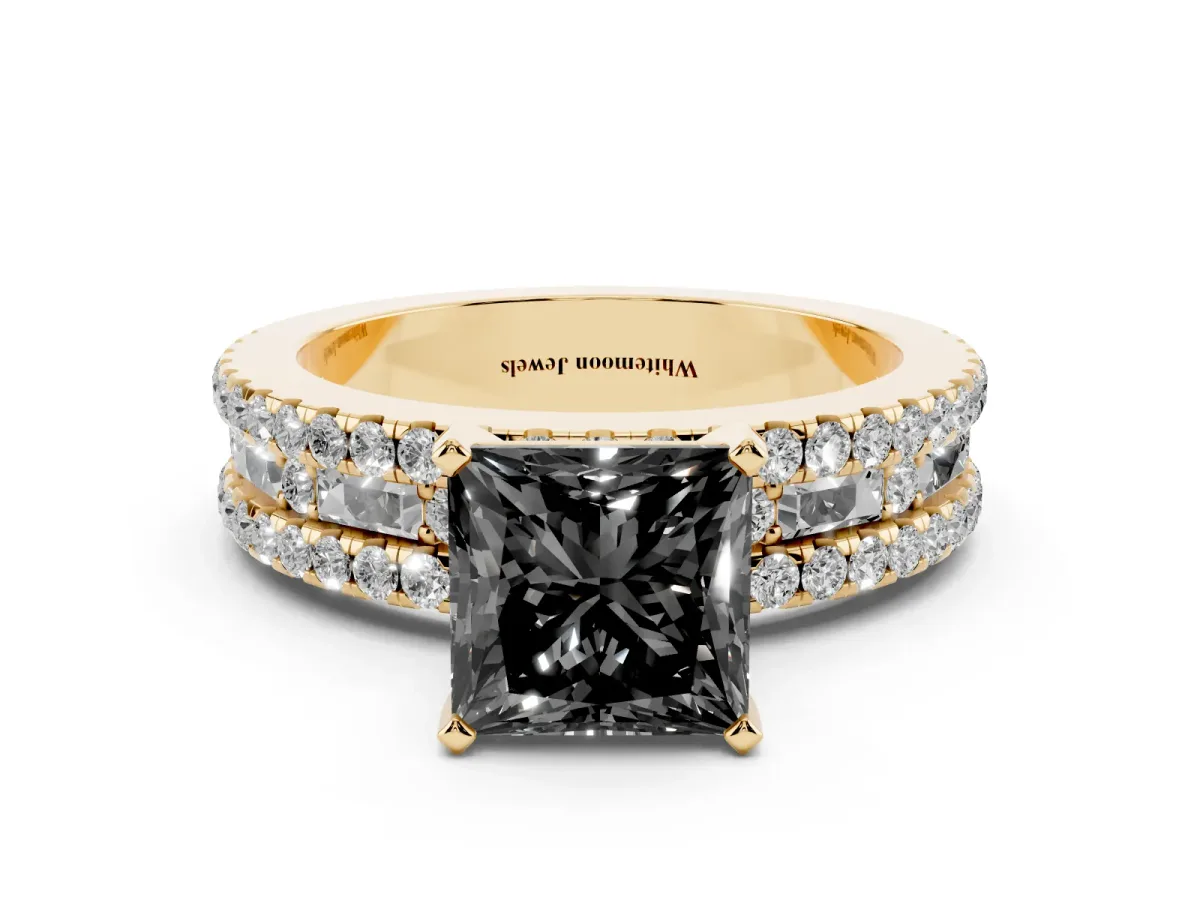 Fancy Black Princess Cut Diamond Solitaire Ring with Pavé and Channel Set Band Yellow gold