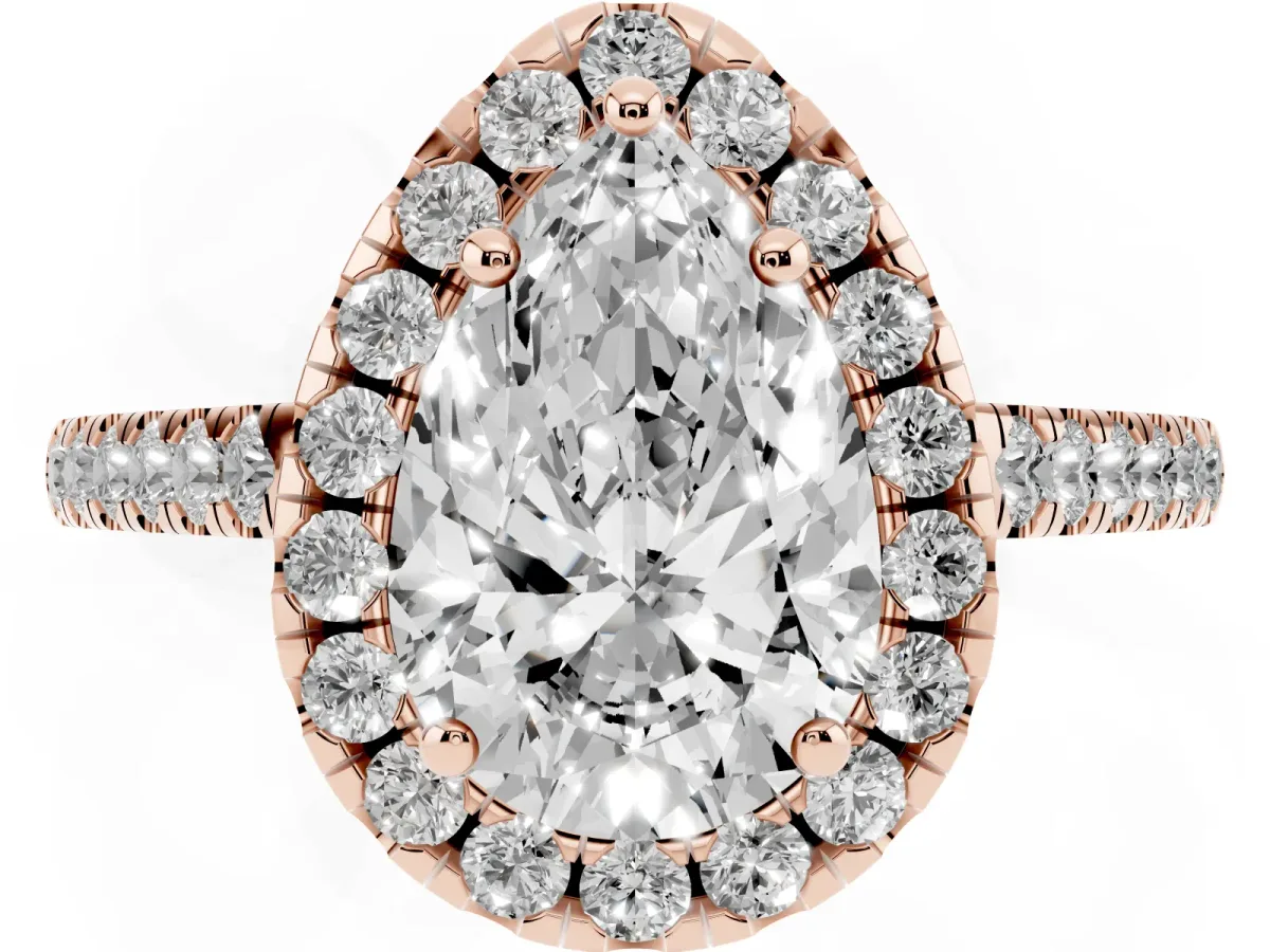 Pear Cut Halo Pavé Diamond Engagement Ring with Four-Prong Setting Rose gold