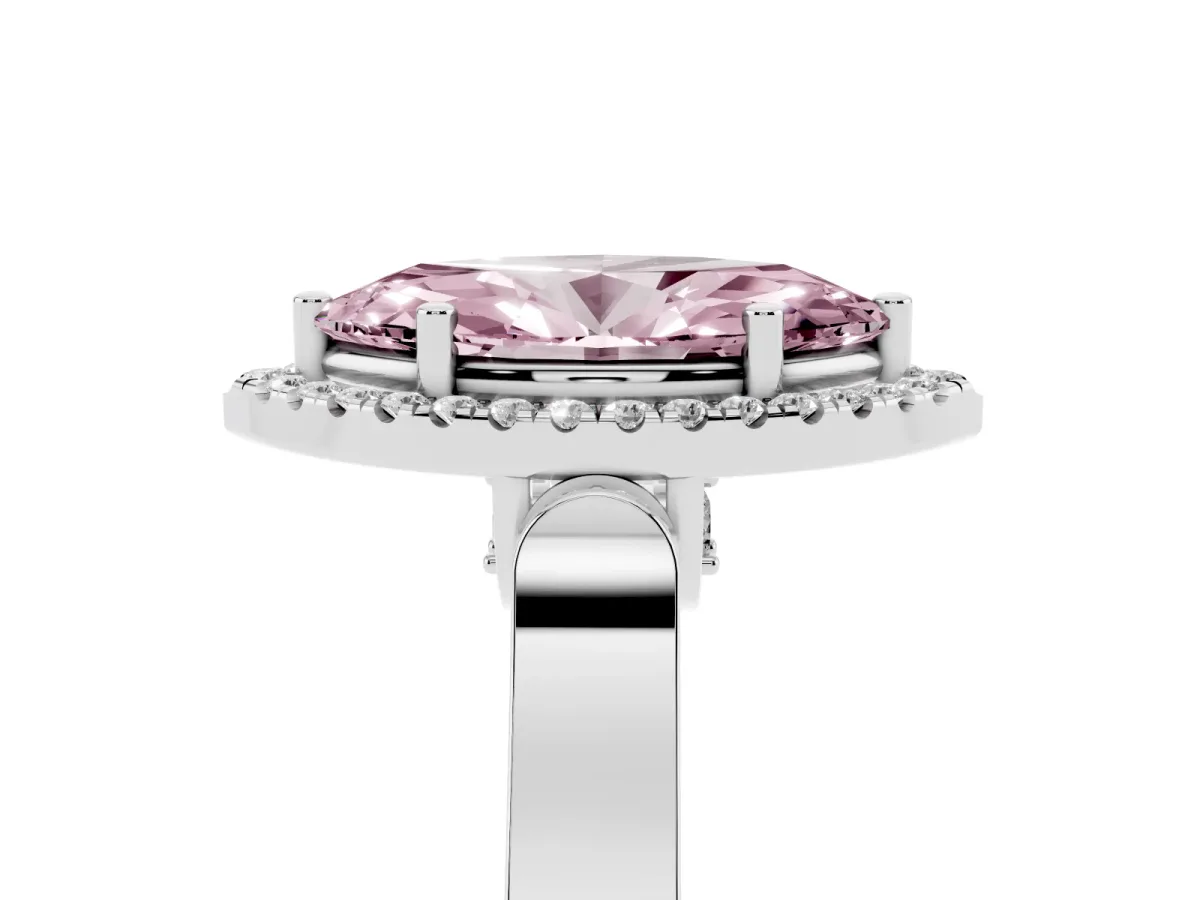 Fancy Pink Marquise Cut Halo Round Diamond Twist Band with Four-Prong Setting Silver